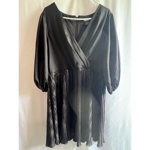 DKNY Women's Black V-Neck Balloon-Sleeve Pleat-Skirt Mini, Blouson Dress